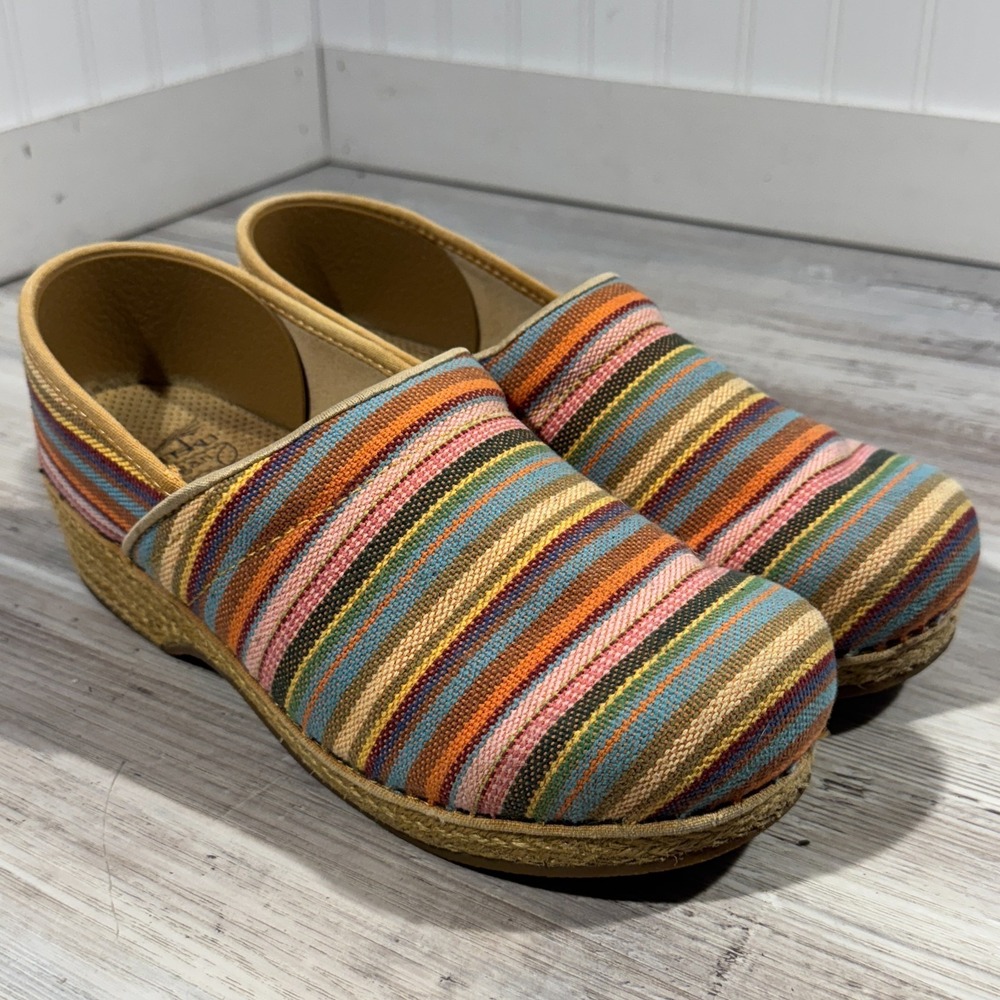Dansko Vegan Jute Rainbow Clogs Espadrille Striped Round Toe Block Heel Sz 10 US